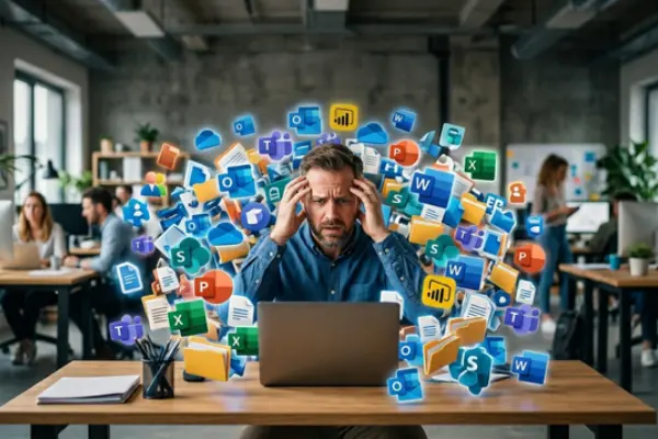 Een gestreste kantoormedewerker achter een laptop, overweldigd door een chaotische wolk van rondzwevende Microsoft 365-iconen zoals Teams, SharePoint en Outlook.