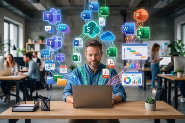 Een kantoormedewerker werkt rustig achter een laptop, waaruit Microsoft 365-iconen zoals Teams, SharePoint en OneDrive in strakke, georganiseerde lijnen omhoog stromen om een gestructureerde werkomgeving te symboliseren.