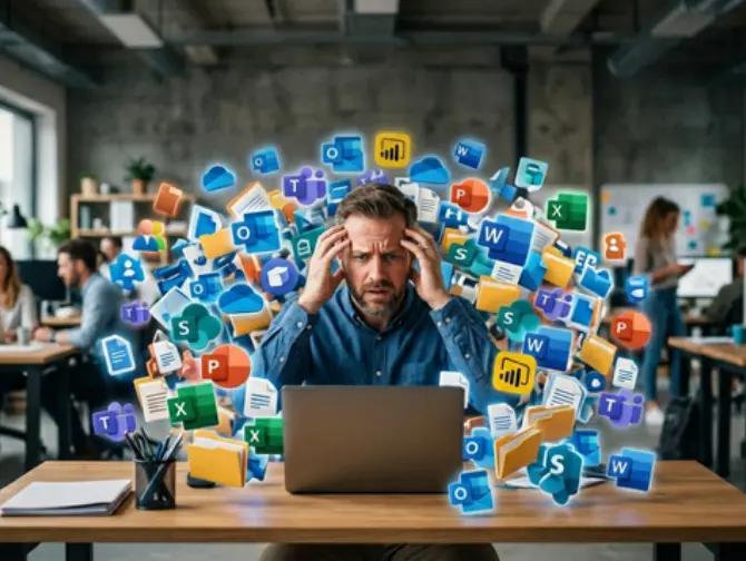 Een gestreste kantoormedewerker achter een laptop, overweldigd door een chaotische wolk van rondzwevende Microsoft 365-iconen zoals Teams, SharePoint en Outlook.