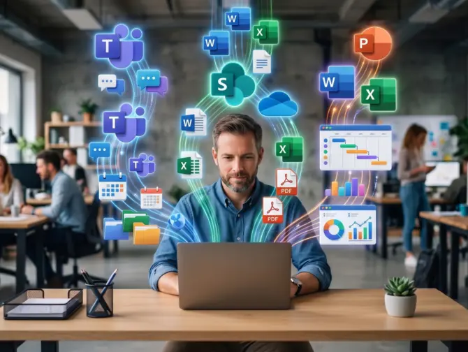Een kantoormedewerker werkt rustig achter een laptop, waaruit Microsoft 365-iconen zoals Teams, SharePoint en OneDrive in strakke, georganiseerde lijnen omhoog stromen om een gestructureerde werkomgeving te symboliseren.