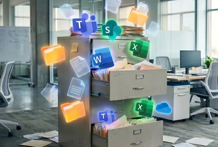 Overvolle archiefkast met rondslingerende documenten en Microsoft 365-iconen (Teams, SharePoint, OneDrive, Excel en Word) die chaos in bestandsbeheer binnen een kantooromgeving visualiseren