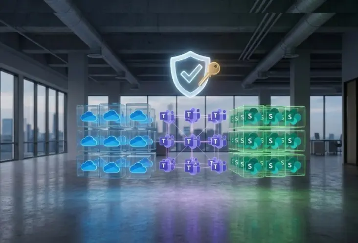 Georganiseerde Microsoft 365-structuur met OneDrive, Teams en SharePoint omgevingen onder een beveiligingslaag, die overzicht, governance en toegangsbeheer binnen een moderne kantooromgeving visualiseert