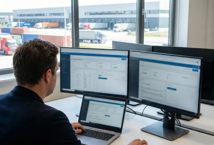 Moderne online werkplek voor handelsbedrijven in Ridderkerk met uitzicht op logistiek terrein